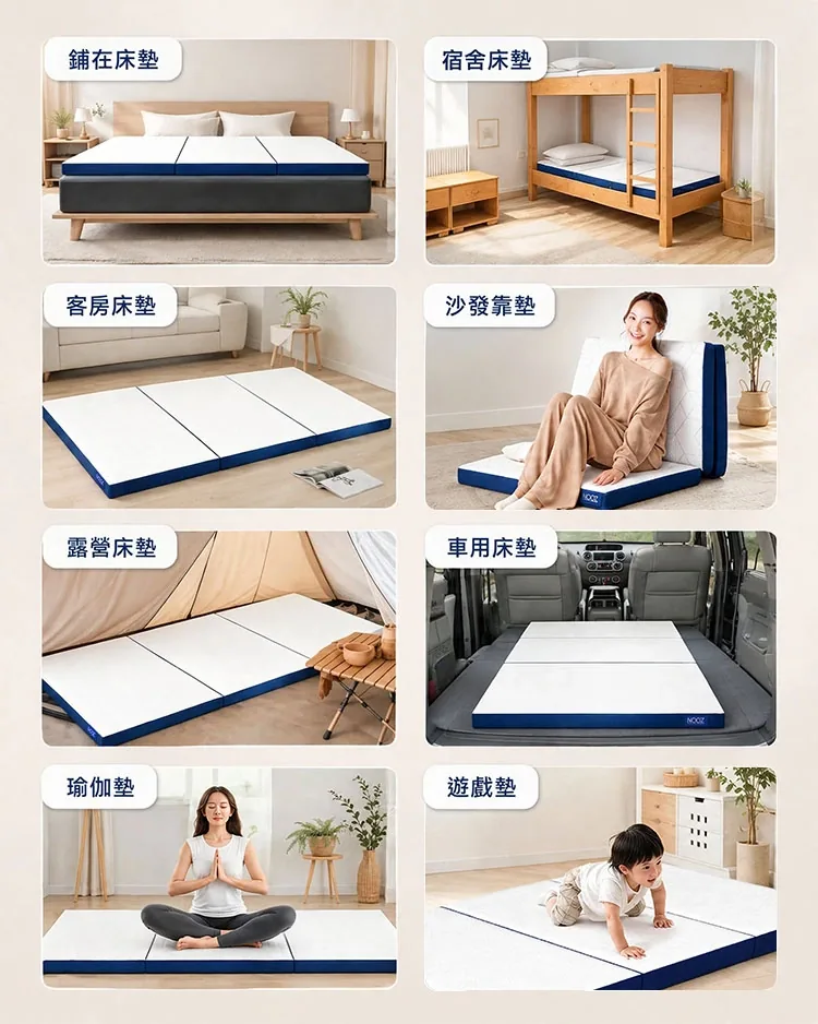 一墊多用使用場景：鋪在床墊、宿舍床墊、客房床墊、沙發靠墊、露營床墊、車用床墊、瑜伽墊、遊戲墊
