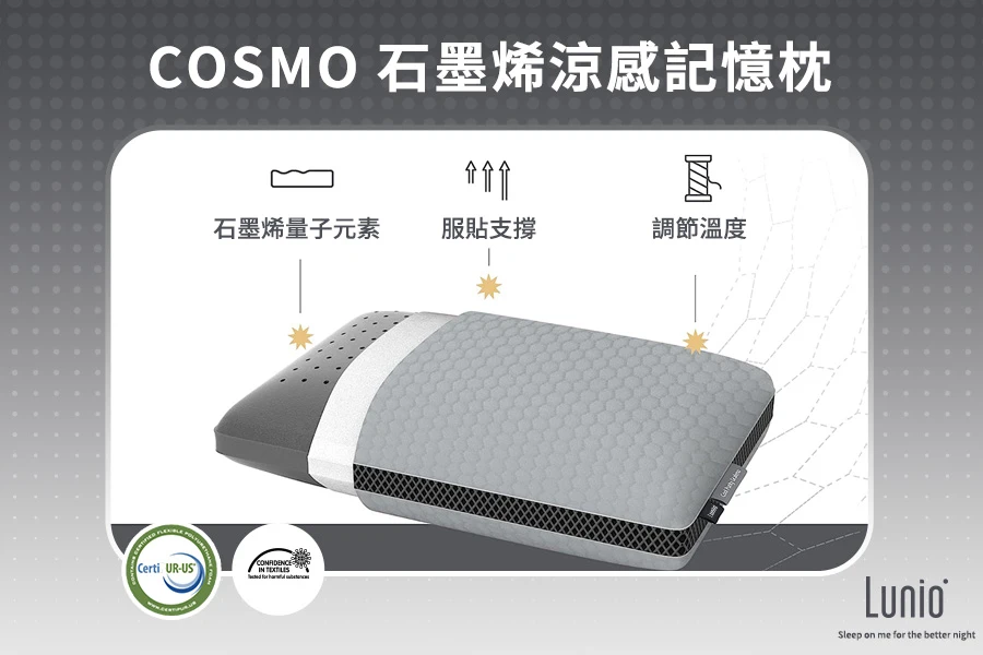 Cosmo石墨烯涼感記憶枕含有石墨烯元素，服貼支撐且調節溫度
